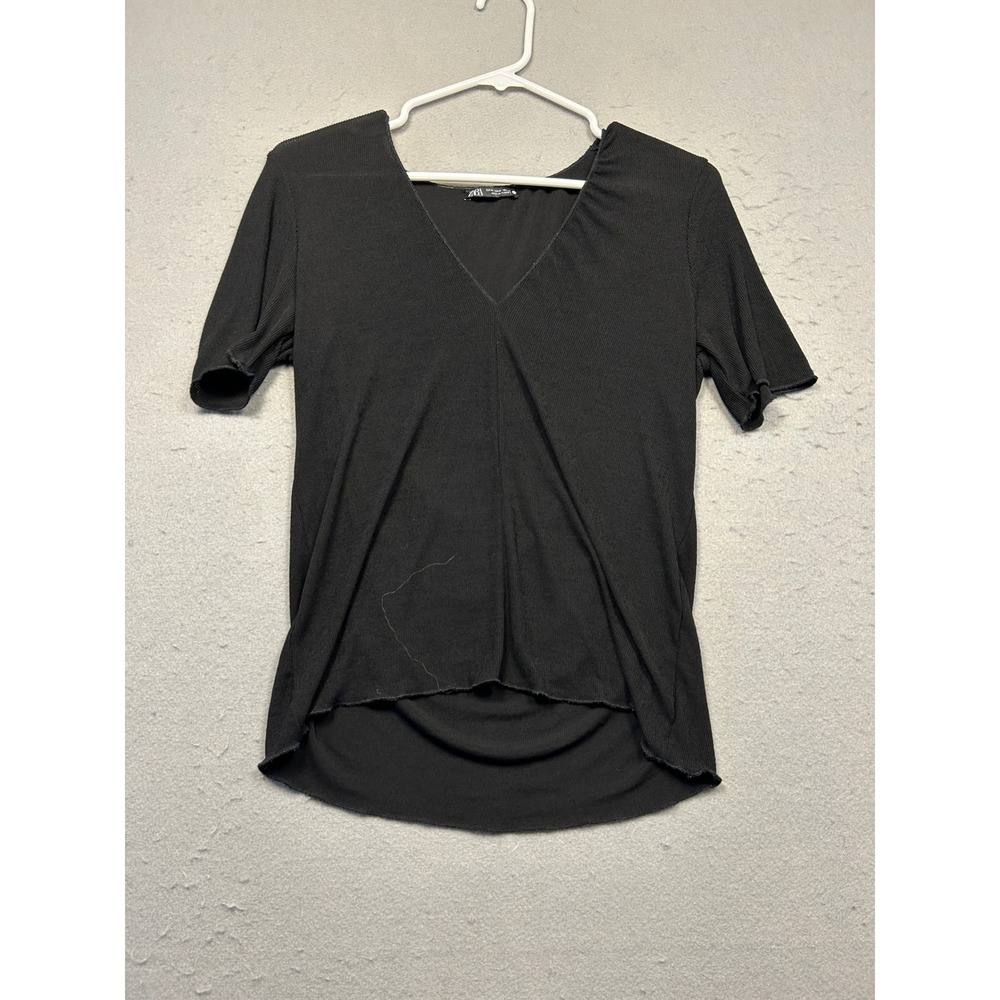 Zara V-Neck Top Ribbed Knit Black Medium Womens